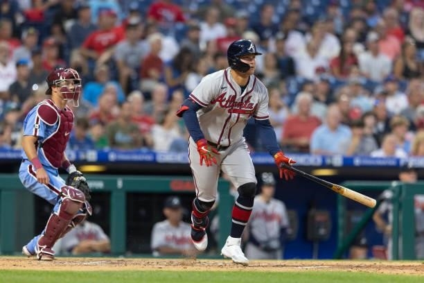 Joc Pederson of the Atlanta Braves bats against the Philadelphia Phillies at Citizens Bank Park on July 22, 2021 in Philadelphia, Pennsylvania. The...