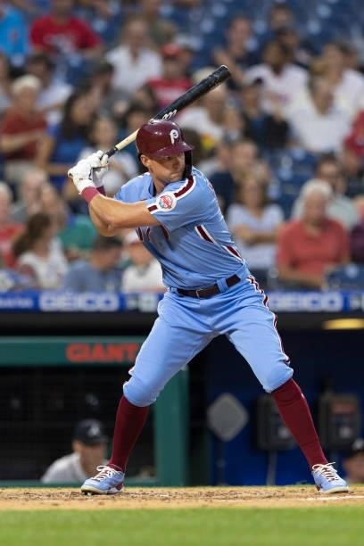 Rhys Hoskins of the Philadelphia Phillies bats against the Atlanta Braves at Citizens Bank Park on July 22, 2021 in Philadelphia, Pennsylvania. The...