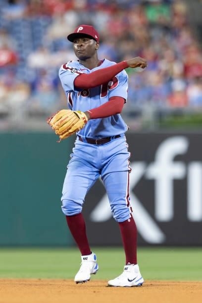 Didi Gregorius of the Philadelphia Phillies throws the ball to first base against the Atlanta Braves at Citizens Bank Park on July 22, 2021 in...