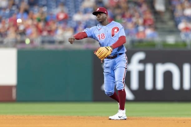 Didi Gregorius of the Philadelphia Phillies throws the ball to first base against the Atlanta Braves at Citizens Bank Park on July 22, 2021 in...