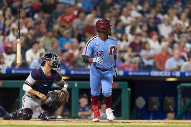Odubel Herrera of the Philadelphia Phillies bats against the Atlanta Braves at Citizens Bank Park on July 22, 2021 in Philadelphia, Pennsylvania. The...