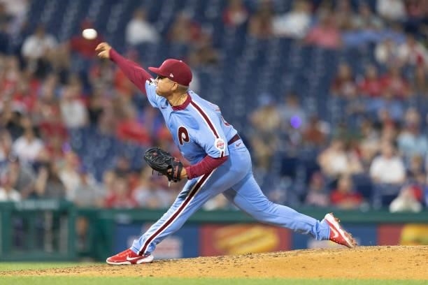 Mauricio Llovera of the Philadelphia Phillies throws a pitch against the Atlanta Braves at Citizens Bank Park on July 22, 2021 in Philadelphia,...