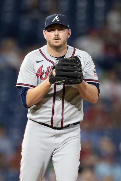 Tyler Matzek of the Atlanta Braves throws a pitch against the Philadelphia Phillies at Citizens Bank Park on July 22, 2021 in Philadelphia,...