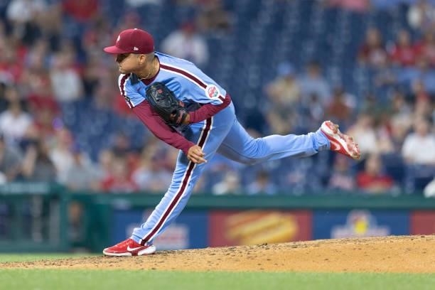 Mauricio Llovera of the Philadelphia Phillies throws a pitch against the Atlanta Braves at Citizens Bank Park on July 22, 2021 in Philadelphia,...