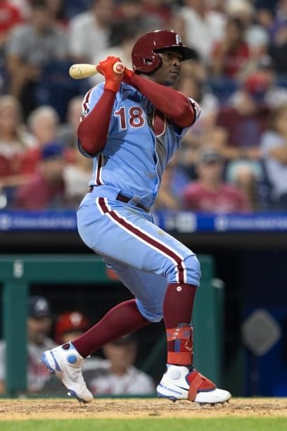 Didi Gregorius of the Philadelphia Phillies bats against the Atlanta Braves at Citizens Bank Park on July 22, 2021 in Philadelphia, Pennsylvania. The...