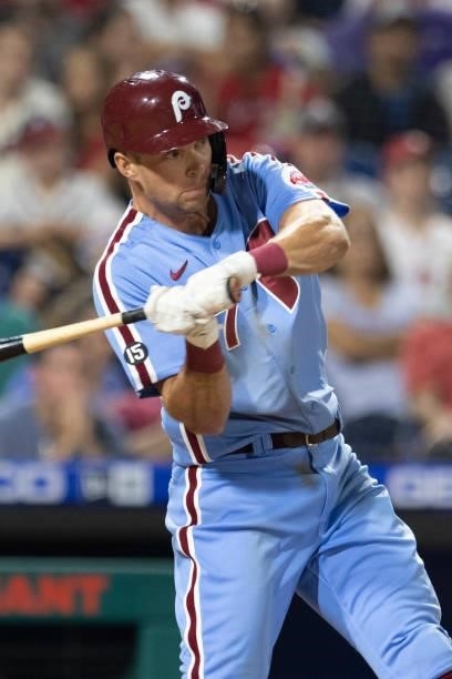 Rhys Hoskins of the Philadelphia Phillies bats against the Atlanta Braves at Citizens Bank Park on July 22, 2021 in Philadelphia, Pennsylvania. The...