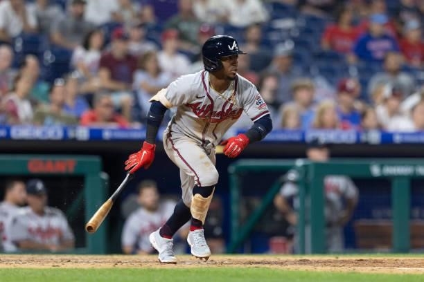 Ozzie Albies of the Atlanta Braves bats against the Philadelphia Phillies at Citizens Bank Park on July 22, 2021 in Philadelphia, Pennsylvania. The...