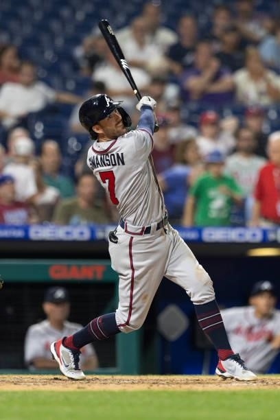 Dansby Swanson of the Atlanta Braves bats against the Philadelphia Phillies at Citizens Bank Park on July 22, 2021 in Philadelphia, Pennsylvania. The...