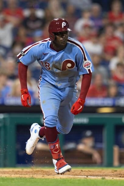 Didi Gregorius of the Philadelphia Phillies runs to first base against the Atlanta Braves at Citizens Bank Park on July 22, 2021 in Philadelphia,...