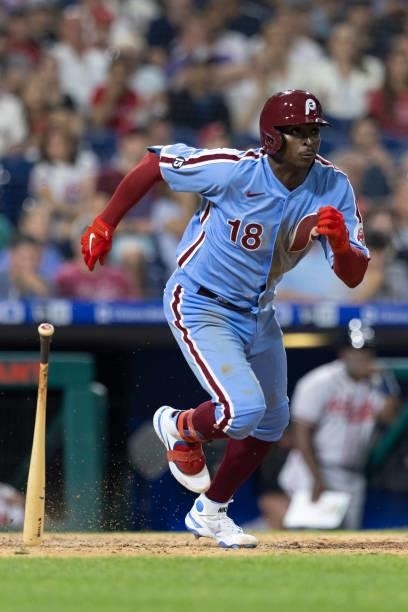 Didi Gregorius of the Philadelphia Phillies runs to first base against the Atlanta Braves at Citizens Bank Park on July 22, 2021 in Philadelphia,...