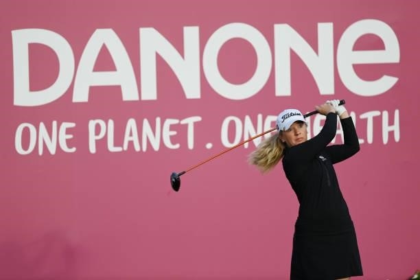 Bronte Law of England tees off on the 1st hole during day two of the The Amundi Evian Championship at Evian Resort Golf Club on July 23, 2021 in...