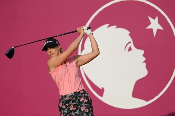 Sanna Nuutinen of Finland tees off on the 1st hole during day two of the The Amundi Evian Championship at Evian Resort Golf Club on July 23, 2021 in...