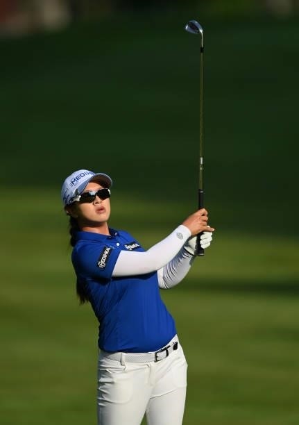 Sei Young Kim of South Korea plays their second shot on the 11th hole during day two of the The Amundi Evian Championship at Evian Resort Golf Club...