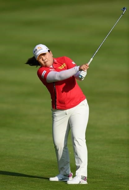 Inbee Park of South Korea plays their second shot on the 11th hole during day two of the The Amundi Evian Championship at Evian Resort Golf Club on...