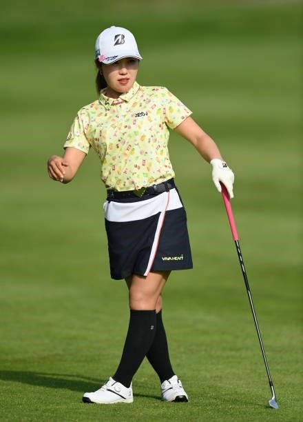 Ayaka Furue of Japan plays a shot on the 11th hole during day two of the The Amundi Evian Championship at Evian Resort Golf Club on July 23, 2021 in...