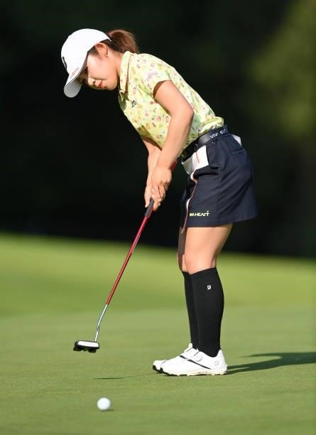 Ayaka Furue of Japan putts on the 11th green during day two of the The Amundi Evian Championship at Evian Resort Golf Club on July 23, 2021 in...