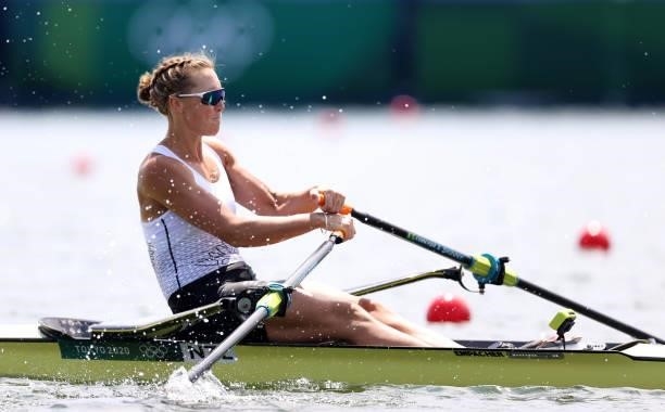 Emma Twigg of Team New Zealand competes during the Women’s Single Sculls Heat 6 during the Tokyo 2020 Olympic Games at Sea Forest Waterway on July...