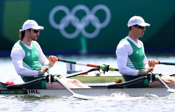 Ronan Byrne and Philip Doyle of Team Ireland compete during the Men’s Double Sculls Heat 2 on Day 0during the Tokyo 2020 Olympic Games at Sea Forest...