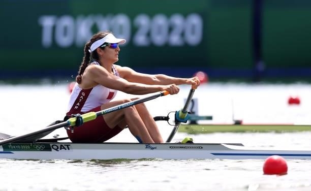 Tala Abujbara of Team Qatar competes during the Women’s Single Sculls Heat 5 on Day 0 of the Tokyo 2020 Olympic Games at Sea Forest Waterway on July...