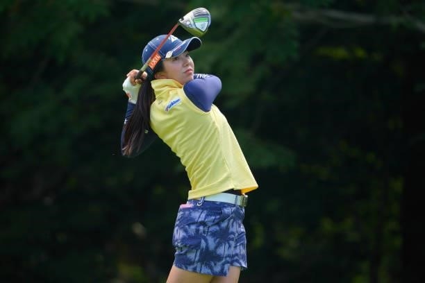 Kotone Hori of Japan hits her tee shot on the 4th hole during the second round of Daito Kentaku eHeyanet Ladies at Takino Country Club on July 23,...