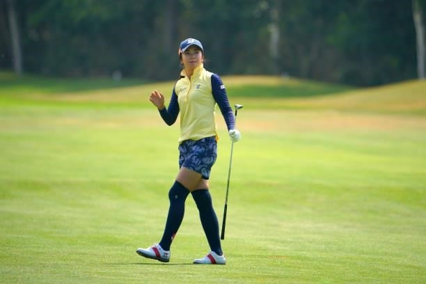 Kotone Hori of Japan reacts after her second shot on the 4th hole during the second round of Daito Kentaku eHeyanet Ladies at Takino Country Club on...