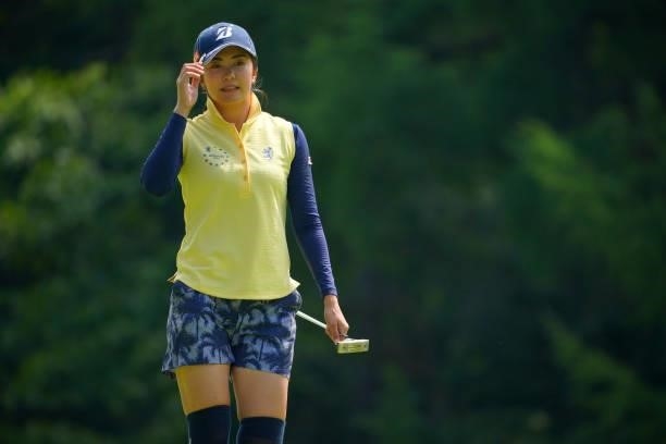 Kotone Hori of Japan reacts after a putt on the 4th green during the second round of Daito Kentaku eHeyanet Ladies at Takino Country Club on July 23,...