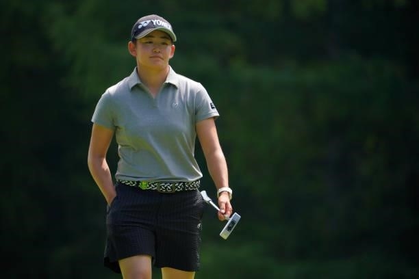 Akie Iwai of Japan reacts after a putt on the 4th green during the second round of Daito Kentaku eHeyanet Ladies at Takino Country Club on July 23,...