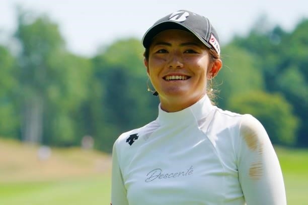 Ayaka Watanabe of Japan smiles on the 4th green during the second round of Daito Kentaku eHeyanet Ladies at Takino Country Club on July 23, 2021 in...