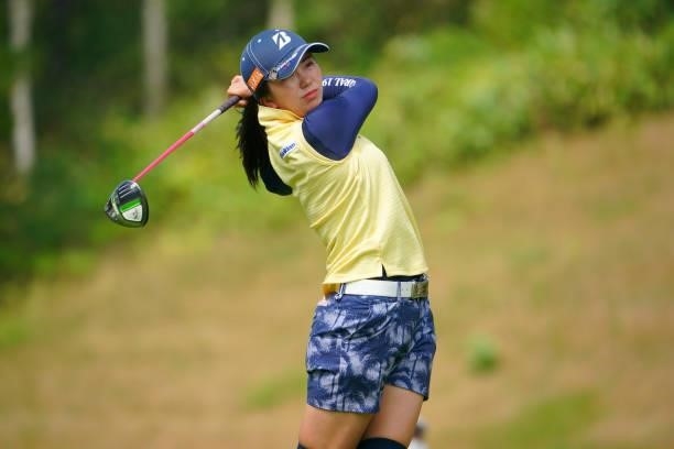 Kotone Hori of Japan hits her tee shot on the 5th hole during the second round of Daito Kentaku eHeyanet Ladies at Takino Country Club on July 23,...