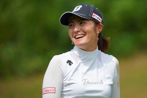 Ayaka Watanabe of Japan smiles on the 5th hole during the second round of Daito Kentaku eHeyanet Ladies at Takino Country Club on July 23, 2021 in...