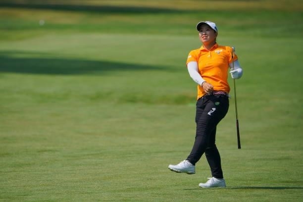 Mao Saigo of Japan reacts after her second shot on the 5th hole during the second round of Daito Kentaku eHeyanet Ladies at Takino Country Club on...