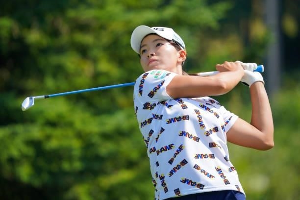 Hinako Shibuno of Japan hits her tee shot on the 6th hole during the second round of Daito Kentaku eHeyanet Ladies at Takino Country Club on July 23,...