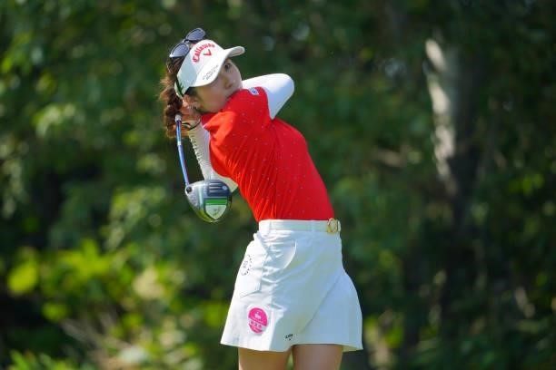 Yuna Nishimura of Japan hits her tee shot on the 7th hole during the second round of Daito Kentaku eHeyanet Ladies at Takino Country Club on July 23,...