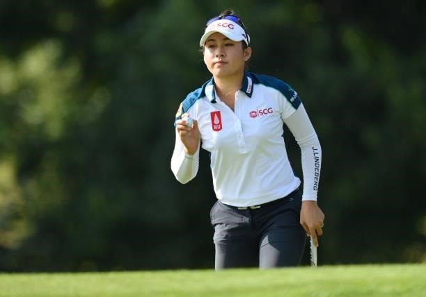 Atthaya Thitikul of Thailand looks on on the 14th hole during day two of the The Amundi Evian Championship at Evian Resort Golf Club on July 23, 2021...