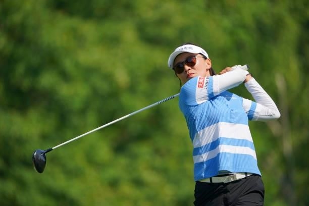 Teresa Lu of Chinese Taipei hits her tee shot on the 8th hole during the second round of Daito Kentaku eHeyanet Ladies at Takino Country Club on July...