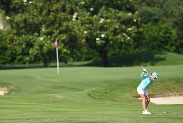 Sarah Kemp of Australia plays their third shot on the 7th hole during day two of the The Amundi Evian Championship at Evian Resort Golf Club on July...