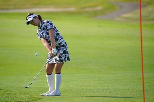 Nozomi Uetake of Japan chips onto the 7th green during the second round of Daito Kentaku eHeyanet Ladies at Takino Country Club on July 23, 2021 in...