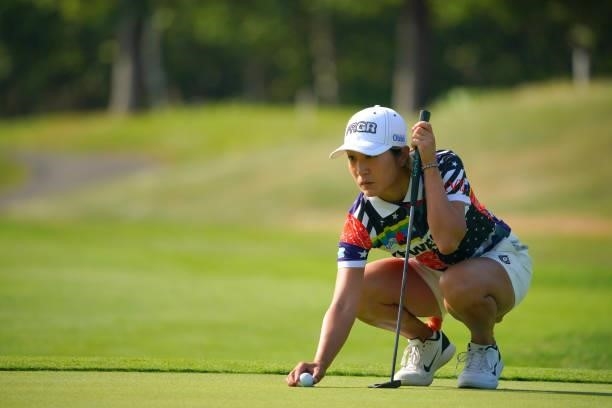 Asako Fujimoto of Japan lines up a putt on the 7th green during the second round of Daito Kentaku eHeyanet Ladies at Takino Country Club on July 23,...