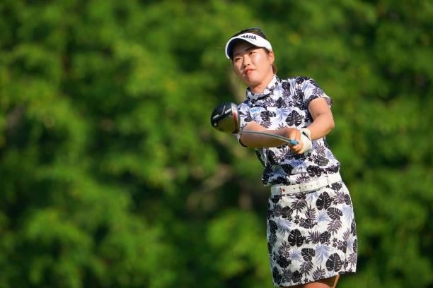 Nozomi Uetake of Japan hits her tee shot on the 8th hole during the second round of Daito Kentaku eHeyanet Ladies at Takino Country Club on July 23,...