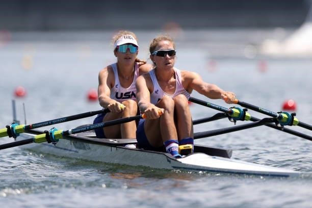 Kristina Wagner and Genevra Stone of Team United States compete during the Women’s Double Sculls Heat 1 on Day 0 during the Tokyo 2020 Olympic Games...