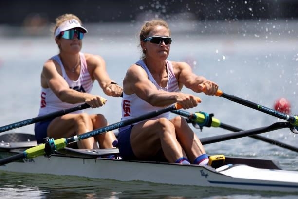 Kristina Wagner and Genevra Stone of Team United States compete during the Women’s Double Sculls Heat 1 on Day 0 during the Tokyo 2020 Olympic Games...