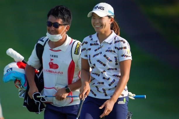 Hinako Shibuno of Japan smiles on the 18th green during the second round of Daito Kentaku eHeyanet Ladies at Takino Country Club on July 23, 2021 in...