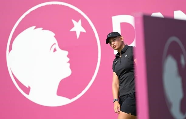 Emily Kristine Pedersen of Denmark looks on on the 1st tee during day two of the The Amundi Evian Championship at Evian Resort Golf Club on July 23,...