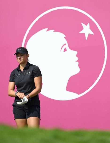 Emily Kristine Pedersen of Denmark looks on on the 1st tee during day two of the The Amundi Evian Championship at Evian Resort Golf Club on July 23,...