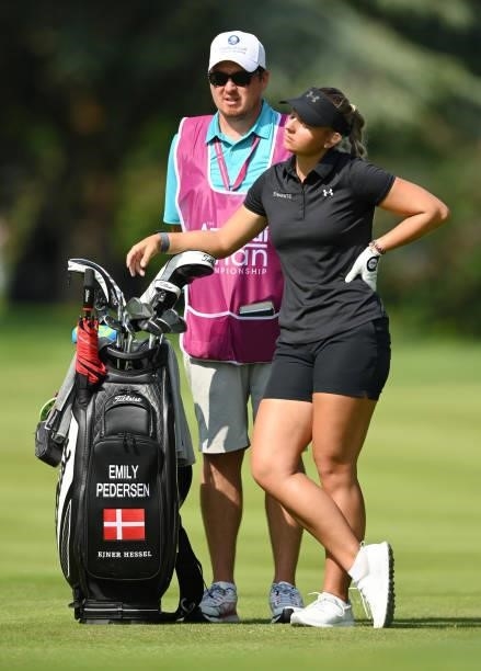 Emily Kristine Pedersen of Denmark waits with their caddie on the 1st hole during day two of the The Amundi Evian Championship at Evian Resort Golf...