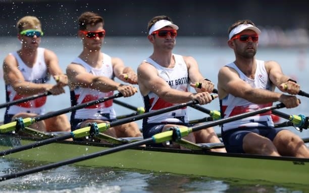 Jack Beaumont, Tom Barras, Angus Groom and Harry Leask of Team Great Britain compete during the Men’s Quadruple Sculls Heat 1 during the Tokyo 2020...