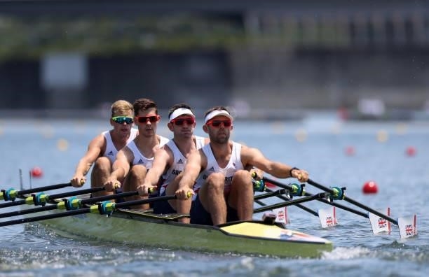 Jack Beaumont, Tom Barras, Angus Groom and Harry Leask of Team Great Britain compete during the Men’s Quadruple Sculls Heat 1 during the Tokyo 2020...