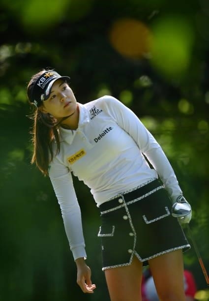 In Gee Chun of South Korea looks on after teeing off on the 3rd hole during day two of the The Amundi Evian Championship at Evian Resort Golf Club on...