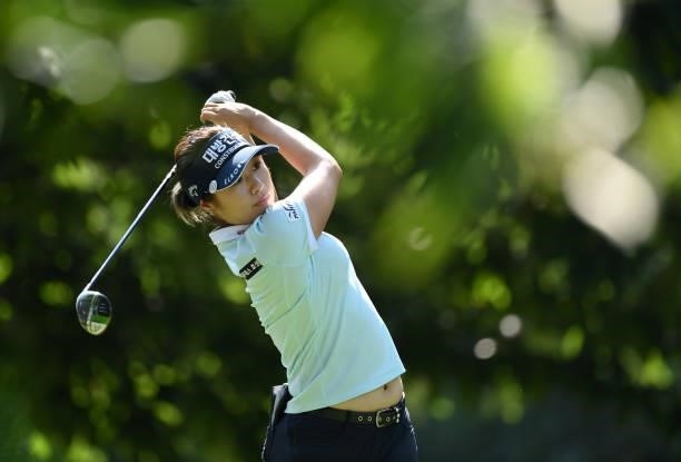 Jeongeun Lee6 of South Korea tees off on the 3rd hole during day two of the The Amundi Evian Championship at Evian Resort Golf Club on July 23, 2021...