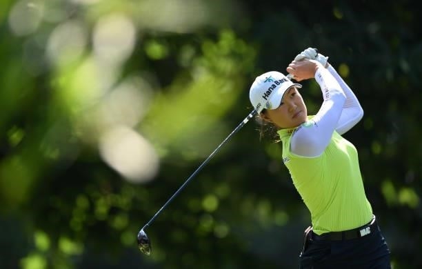 Minjee Lee of Australia tees off on the 3rd hole during day two of the The Amundi Evian Championship at Evian Resort Golf Club on July 23, 2021 in...